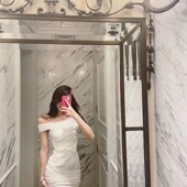 网红2020夏款 交叉多层露肩一字肩层次感包臀修身 连衣裙