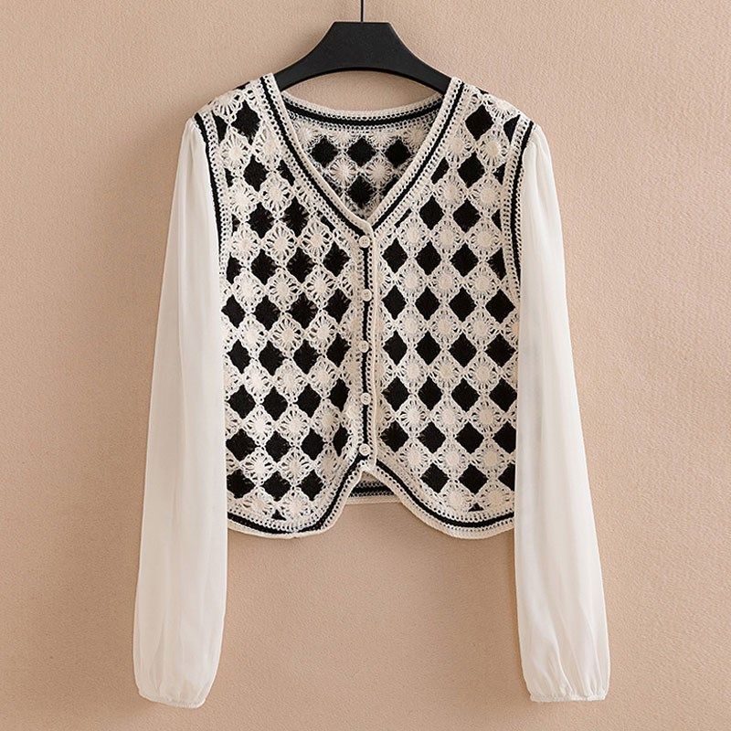 春夏v领针织开衫女外搭2022新款拼色镂空外套短款上衣雪纺袖披肩,女装/女士精品,毛针织衫,淘宝优惠券,粉丝福利购,淘宝优惠卷