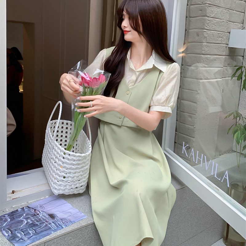 145矮小个子百搭法式温柔风夏假两件短袖polo领衬衫连衣长裙女xs