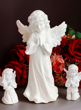 欧式复古做旧白色少女天使装饰品摆件美式石膏人物雕像小摆设礼物
