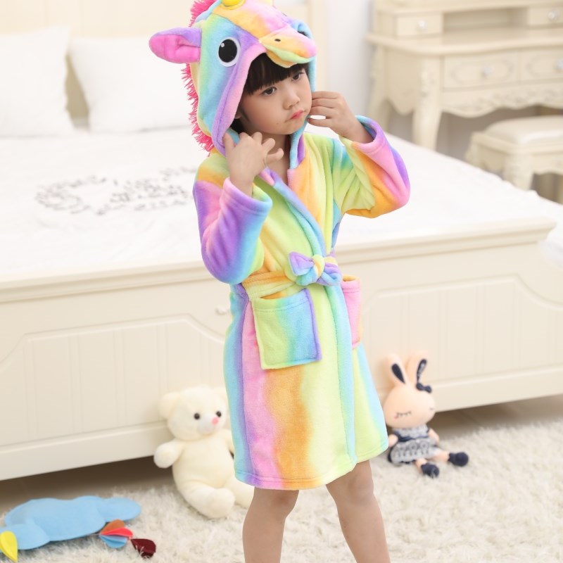 儿童睡衣男童秋冬季法兰绒睡袍星星天马中大女童彩虹天马春秋浴袍
