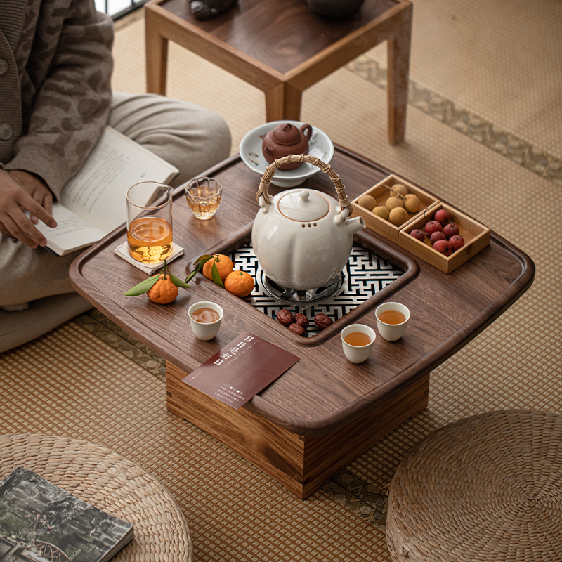 胡桃木围炉茶桌烧炭铁盆茶台桌子茶空间冬日烤炉茶盘一体煮茶炉架