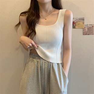 上衣 胖mm甜美温柔风显瘦无袖 方领设计感针织小吊带背心女夏季 大码