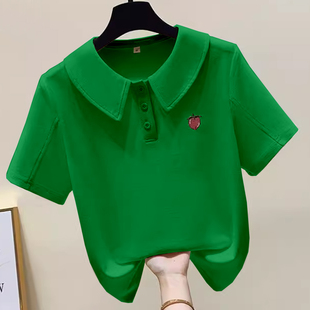 t恤女2025年新款 设计感翻领上衣小众女款 夏季 薄款 娃娃领短款 短袖