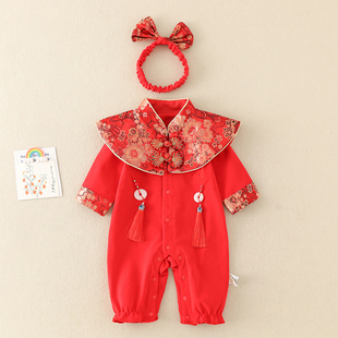 中国风婴儿衣服春装 公主女孩宝宝连体衣满月百天周岁礼服汉服套装