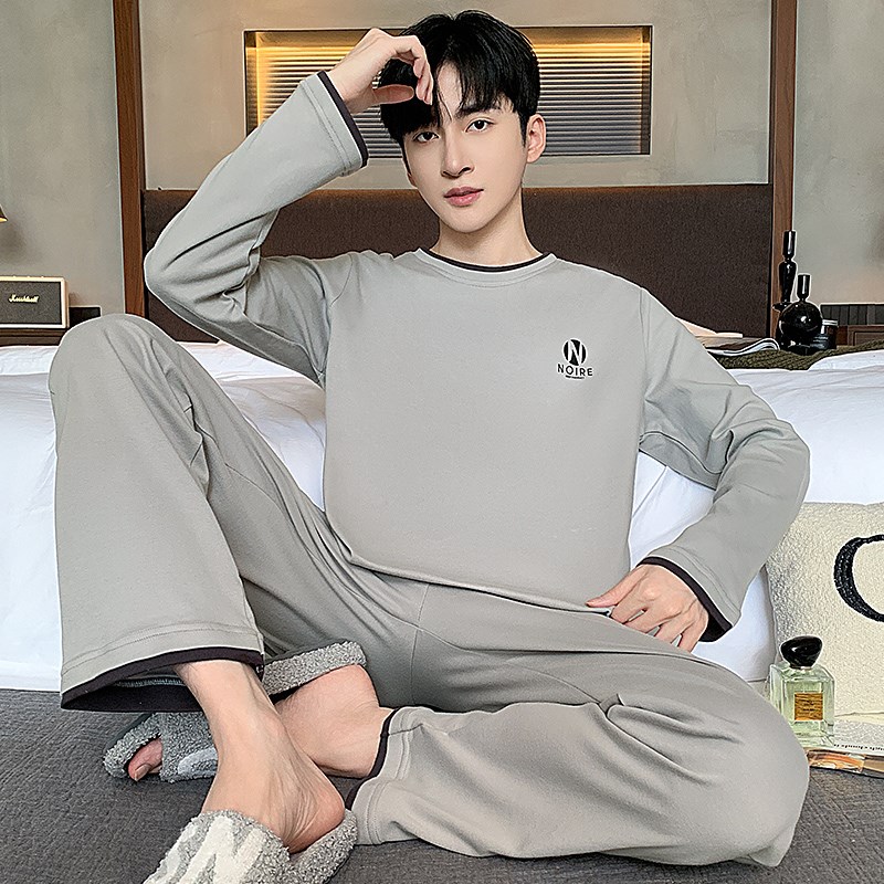 睡衣男士春秋季圆领长袖套头简约休闲宽松青年可外穿家居服套装
