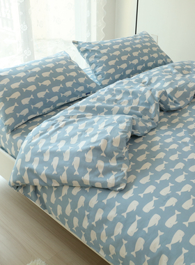 床单单件 棉布 全棉斜纹蓝色小鲸鱼被单1.2米1.5m1.8米2.0米床