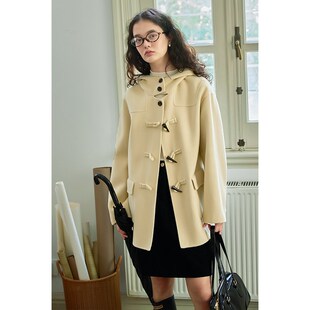 春也白 手工100羊毛牛角扣连帽大衣女冬新款小个子双面呢外套短款