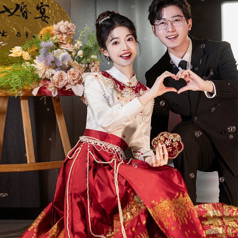 汉服女新中式马面裙套装敬酒服新娘红色小个子结婚订婚礼服裙春夏