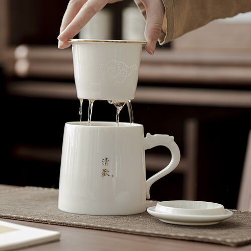 羊脂玉茶水分离茶杯大容量个人杯泡茶陶瓷杯子白瓷水杯马克杯定制