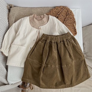 卡其色灯芯绒花苞半裙女童复古休闲灯笼裙 儿童法式 秋季 韩国童装