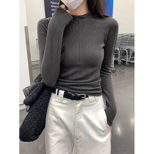 长袖 灰色半拉链立领德绒内搭打底衫 修身 短款 T恤磨毛上衣 女秋冬季