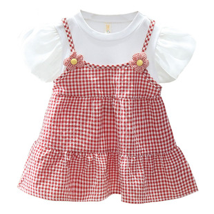 薄款 洋气小女孩儿童短袖 夏天裙子假两件格子裙 连衣裙新款 女童夏季