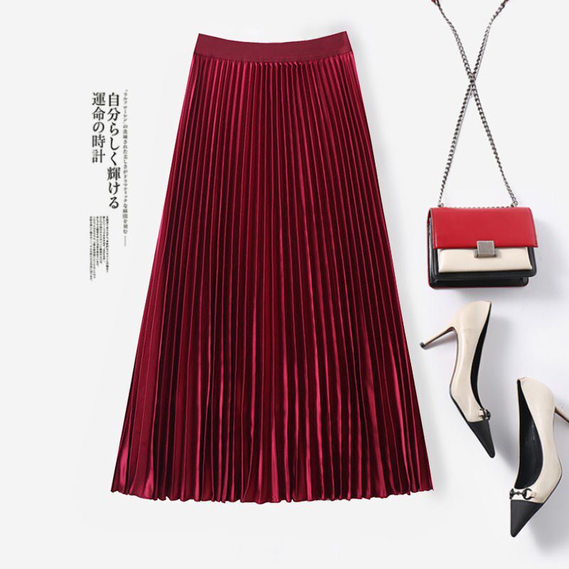 半身裙女装复古春秋新款 粉色缎面过膝中长款高腰a字风琴裙百褶裙