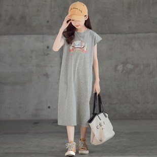 女童长裙T恤裙夏装纯棉开叉休闲裙沙滩裙连衣裙背心裙中大童亲子