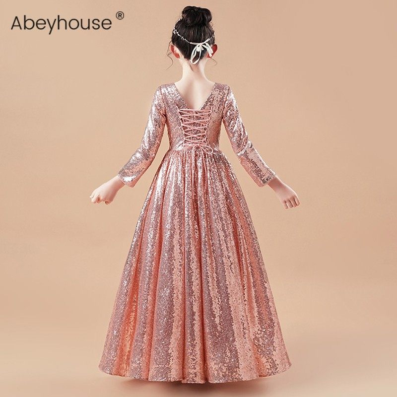 女童钢琴演出服中大童十岁生日公主裙高端亮片长袖儿童主持人礼服