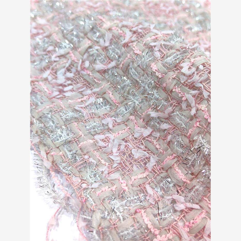 现货一米起售 国外新款粉色小香风面料 高级银丝线粉色软花呢布料