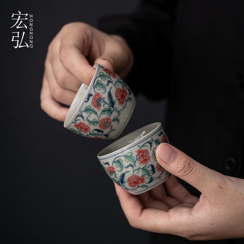 品茗杯陶瓷复古青花小茶杯功夫茶具办公室喝茶杯子家用客人杯60ml