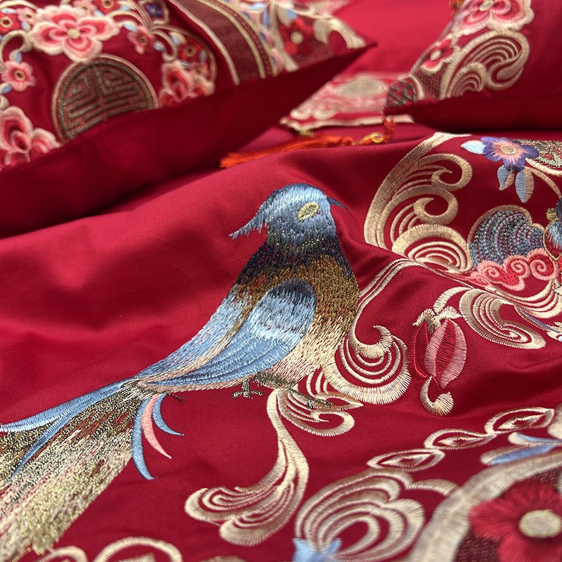 高端1支匹马棉四件全棉大红色婚庆结婚喜鹊刺绣被新婚床品