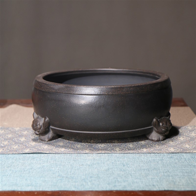 紫砂花盆盆景盆兽足三足圆形古铜古红桌面盆栽觅陶乡精品盆宜兴