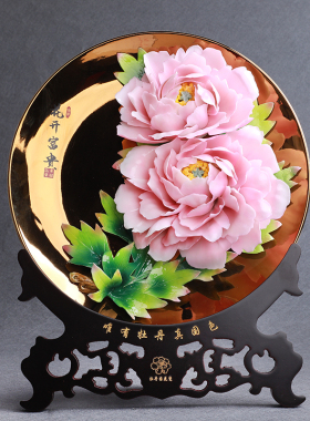 陶瓷牡丹挂盘摆件工艺品创意家居客厅家里装饰品电视酒柜隔断摆设