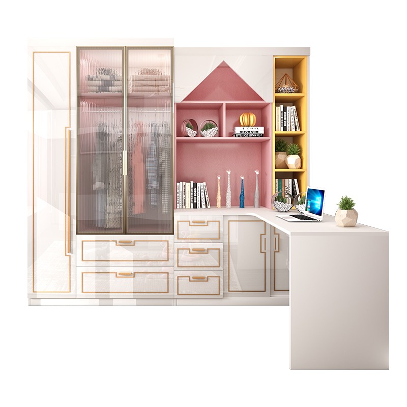 粉色实木转角书桌衣柜卧室电脑桌家用简约学生书柜一体学习桌