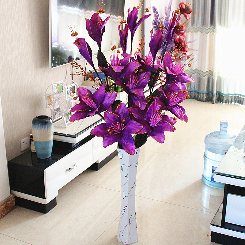 客厅摆设绒百合假花绢花干花仿真花欧式田园摆件花艺装饰落地套装