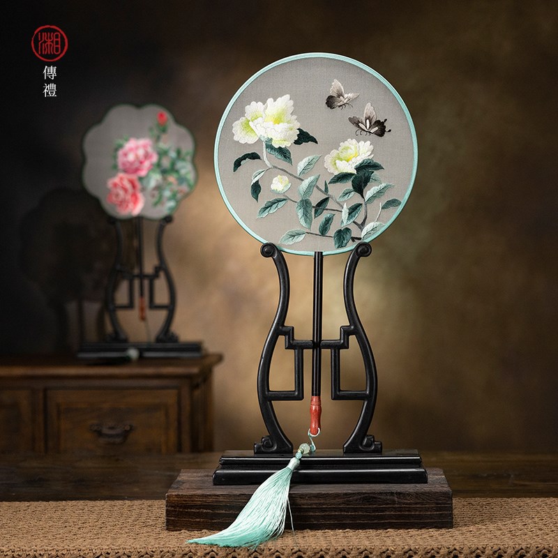 湘传礼湘绣真丝纯手工面绣现代中式夏涼团扇湖南特色工艺礼品