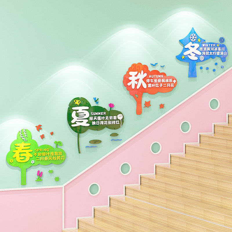 幼儿园楼梯墙面装饰环创春夏秋冬四节气教室布置书香班级文化墙贴