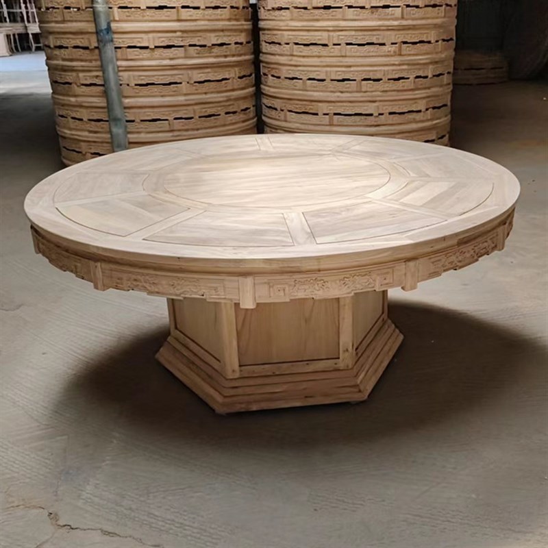 中式实木圆桌白茬北榆木圆形餐桌椅组合白胚仿古雕花酒店家用饭桌