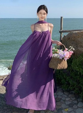 三亚拍照紫色吊带连衣裙女海边度假长裙夏季沙滩裙无袖仙女裙子