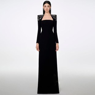 宴会晚礼服裙女气质鱼尾晚宴主持人轻奢小众高级感长袖年会演出服
