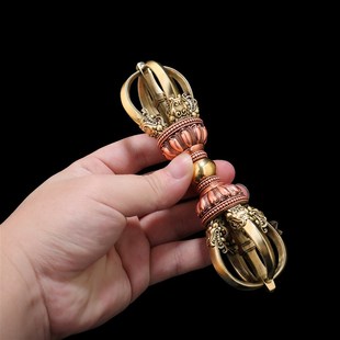 大明永乐款 纯铜五股金刚杵带底座紫铜双色降魔杵实心精工精美殊胜