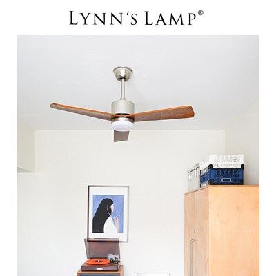 Lynns立意 胡桃木色中古风扇灯 客厅复古卧室家用一体带灯风扇灯