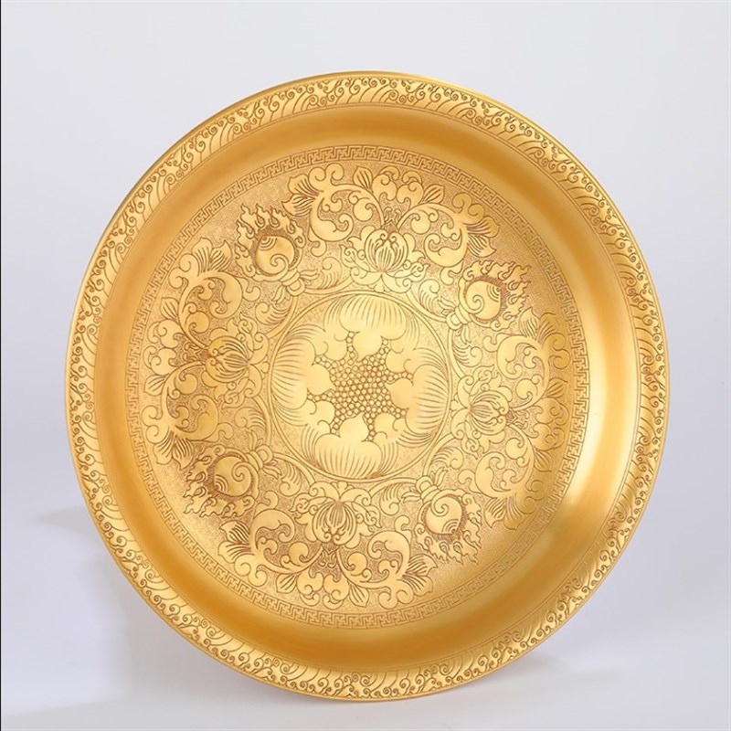 慧宝藏式吉祥花纹纯铜水果平底供盘底盘高脚曼扎多用托盘家居摆件
