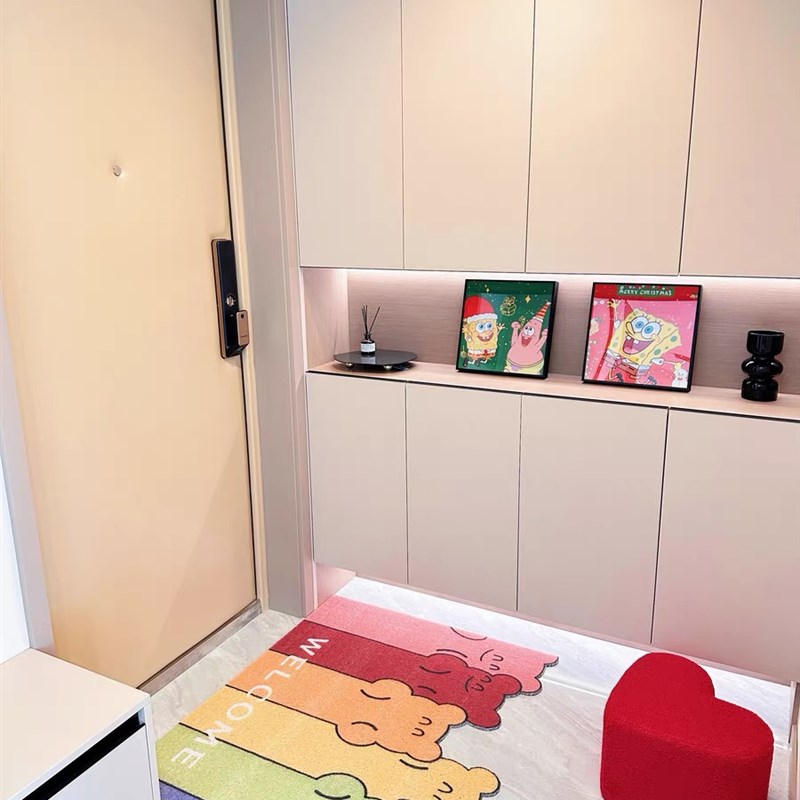 温馨彩虹熊丝圈入户地垫卡通进门玄关脚垫刮泥蹭土门垫防滑可裁剪