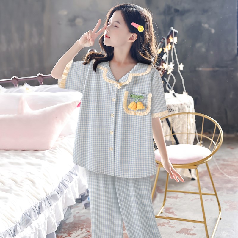 女童纯棉睡衣夏季短袖长裤甜美可外穿春夏款家居服时尚格子套装