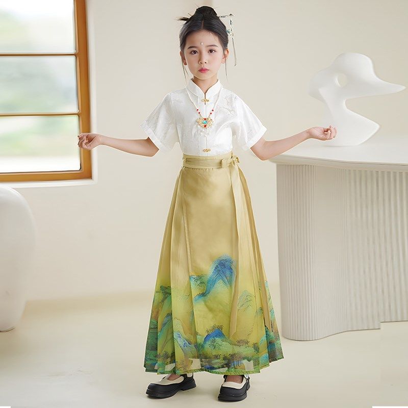 女童马面裙夏季薄款儿童汉服2024新款古风短袖套装女孩中国风古装