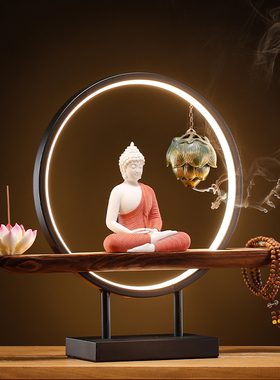 新中式禅意如来摆件家居客厅玄关桌面创意灯圈样板房软装饰品摆设