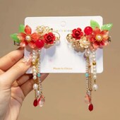 新款 红色中国风汉服头饰儿童古风流苏发夹琉璃发卡喜庆新年发饰品