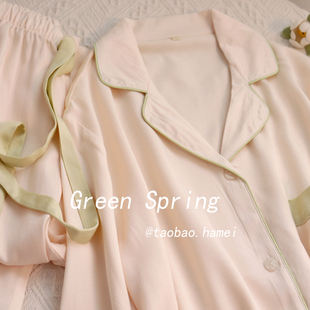 【春意知否】女款新款高品简搭色贡缎绵绸长袖套装家居服睡衣春夏