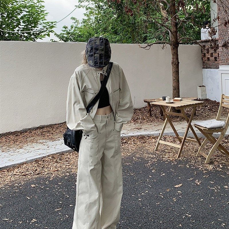 小个子高级感套装宽松夹克外套女秋季高腰工装阔腿裤甜酷两件套女