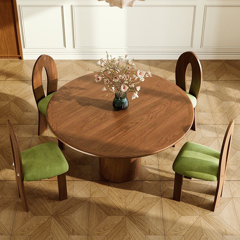中古风胡桃木实木圆桌家用小户型设计师圆形饭桌复古圆餐桌椅组合