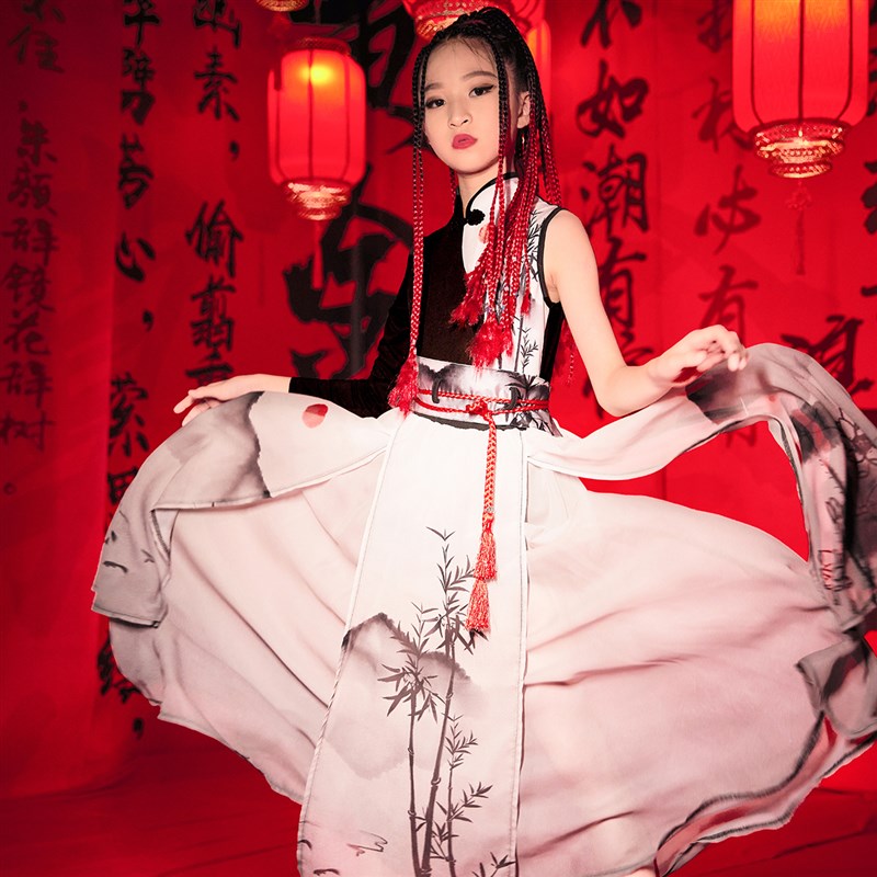 儿童国潮演出服模特t台走秀时装女童水墨表演服少儿中国风舞蹈服