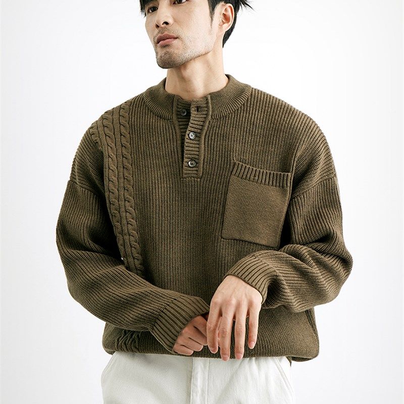 焦糖色圆领毛衣冬季男士休闲保暖条纹冬装上衣设计感咖啡色针织衫