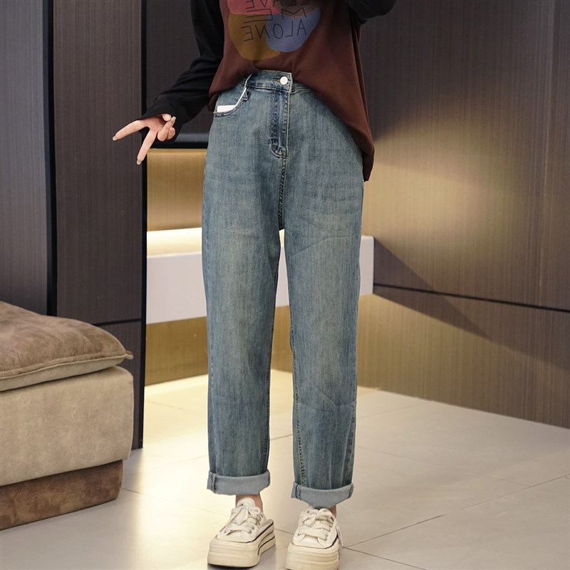 大码女装高弹力百搭哈伦牛仔裤胖mm高腰显瘦休闲半口袋直筒九分裤