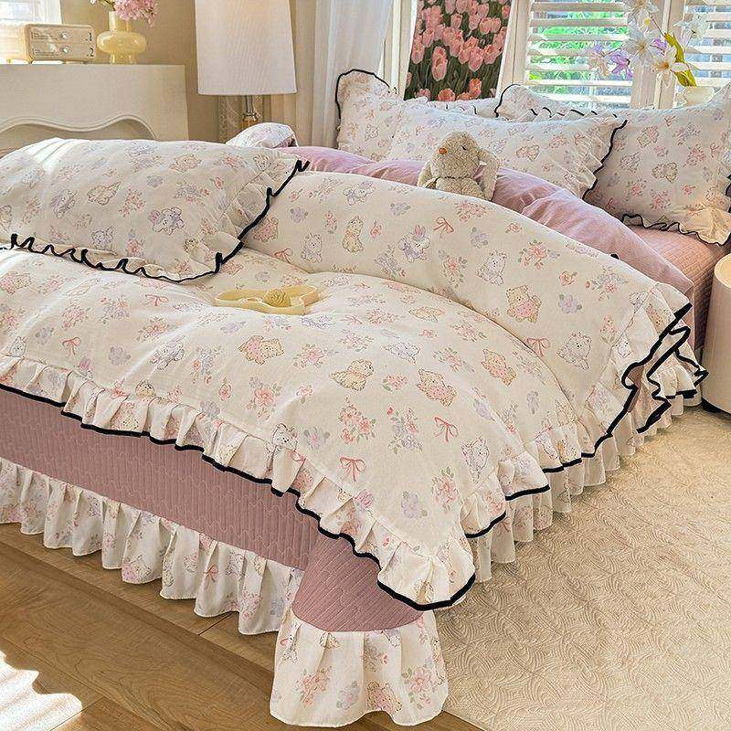 法式针织双层纱夹棉加厚床盖四件套皱皱纱花边款被套床单四季通用