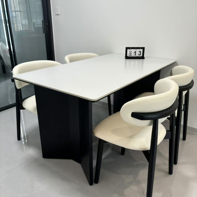 德利丰纯白岩板餐实木餐桌椅现代简约家小户型中古风格长方形