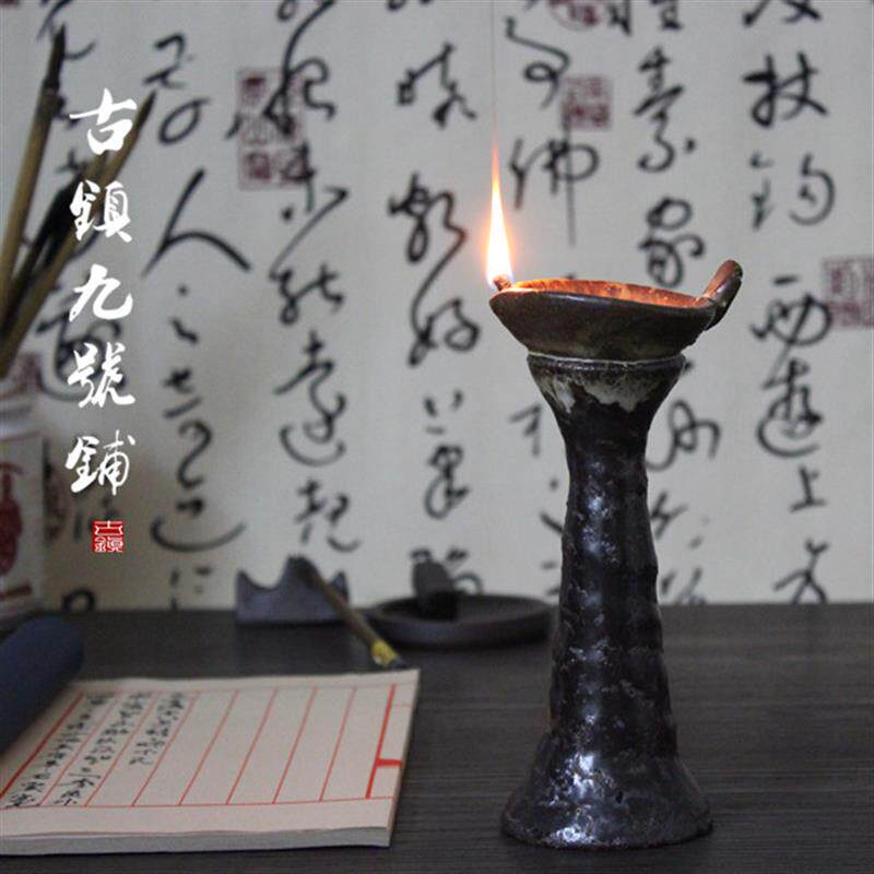 宋代陶瓷酥油灯仿古代书房烛台中式古典陶瓷煤油灯茶道复古摆件