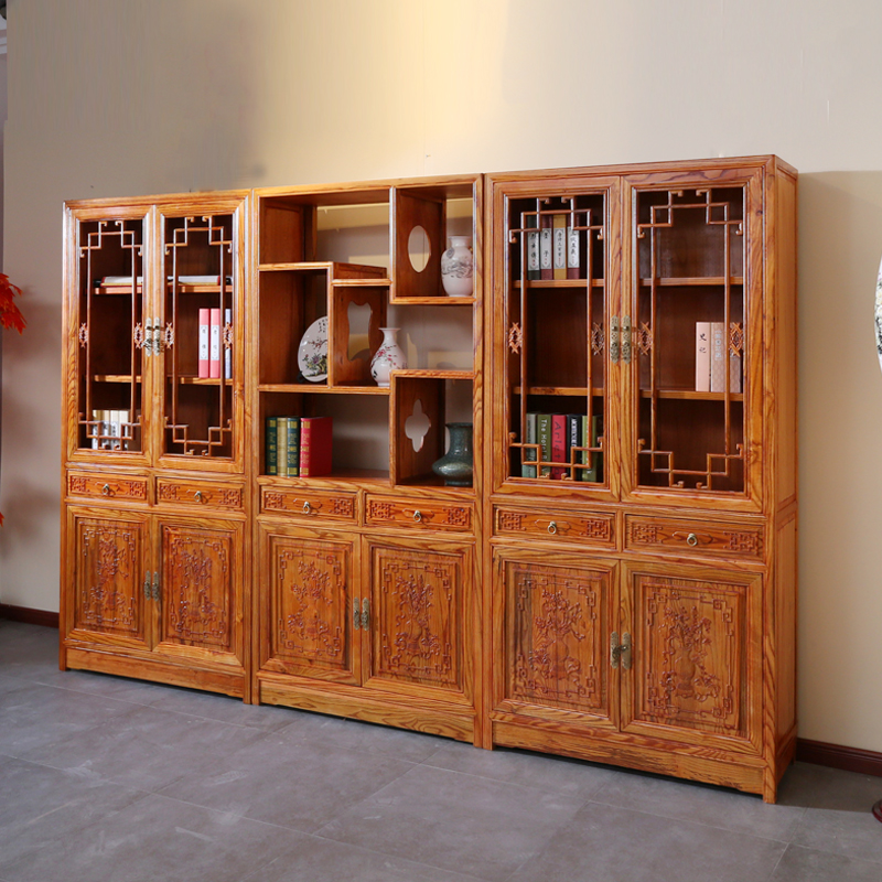 实木书柜三雕花一体玻璃门展示柜榆木家用仿古玻璃门书柜桌柜